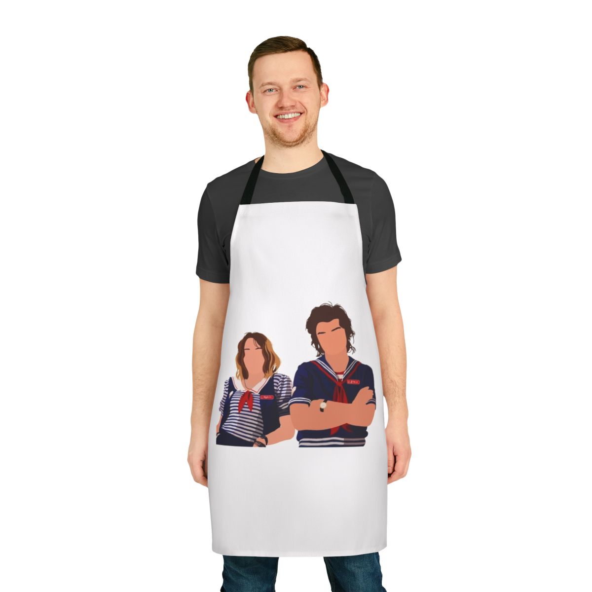 Steve Harrington and Robin Buckley from Stranger Things on a custom apron