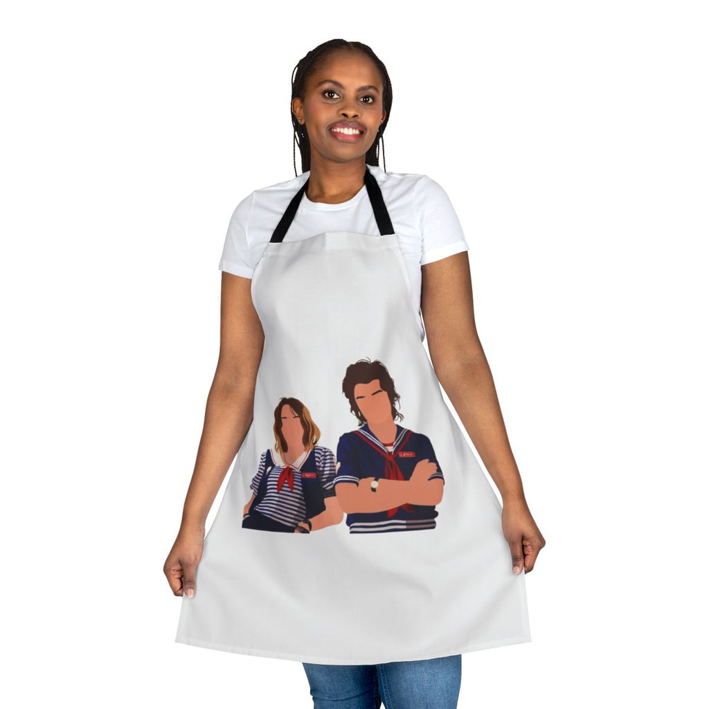 Steve Harrington and Robin Buckley from Stranger Things on a custom apron