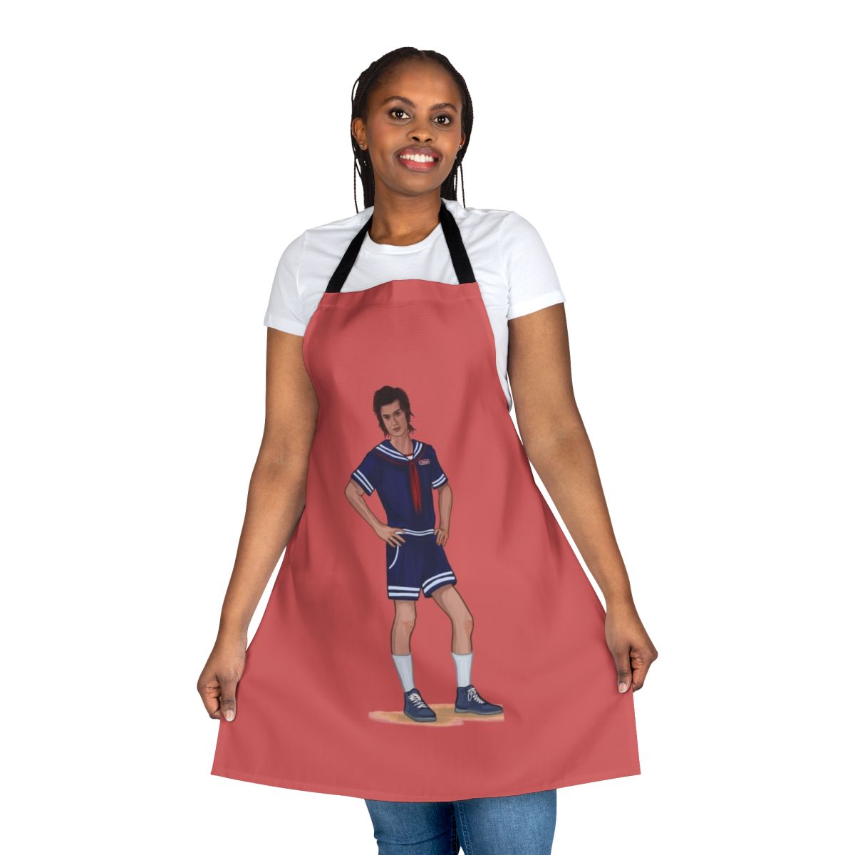 Stranger Things inspired Steve Harrington apron with Scoops Ahoy logo