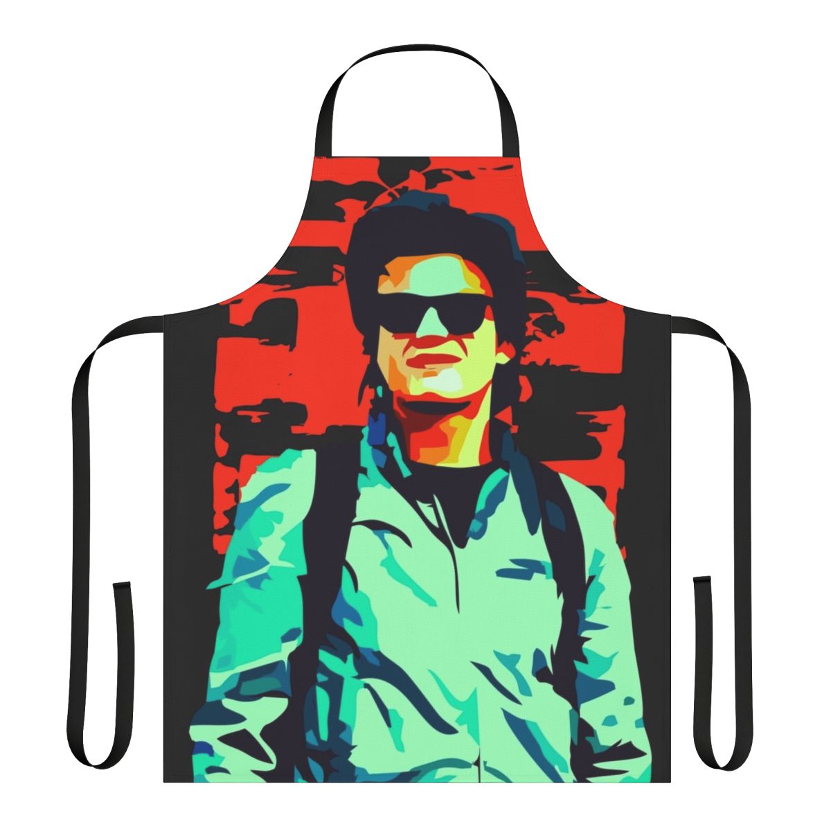 Steve Harrington character from Stranger Things Netflix series wearing an apron with the show's logo and characters.