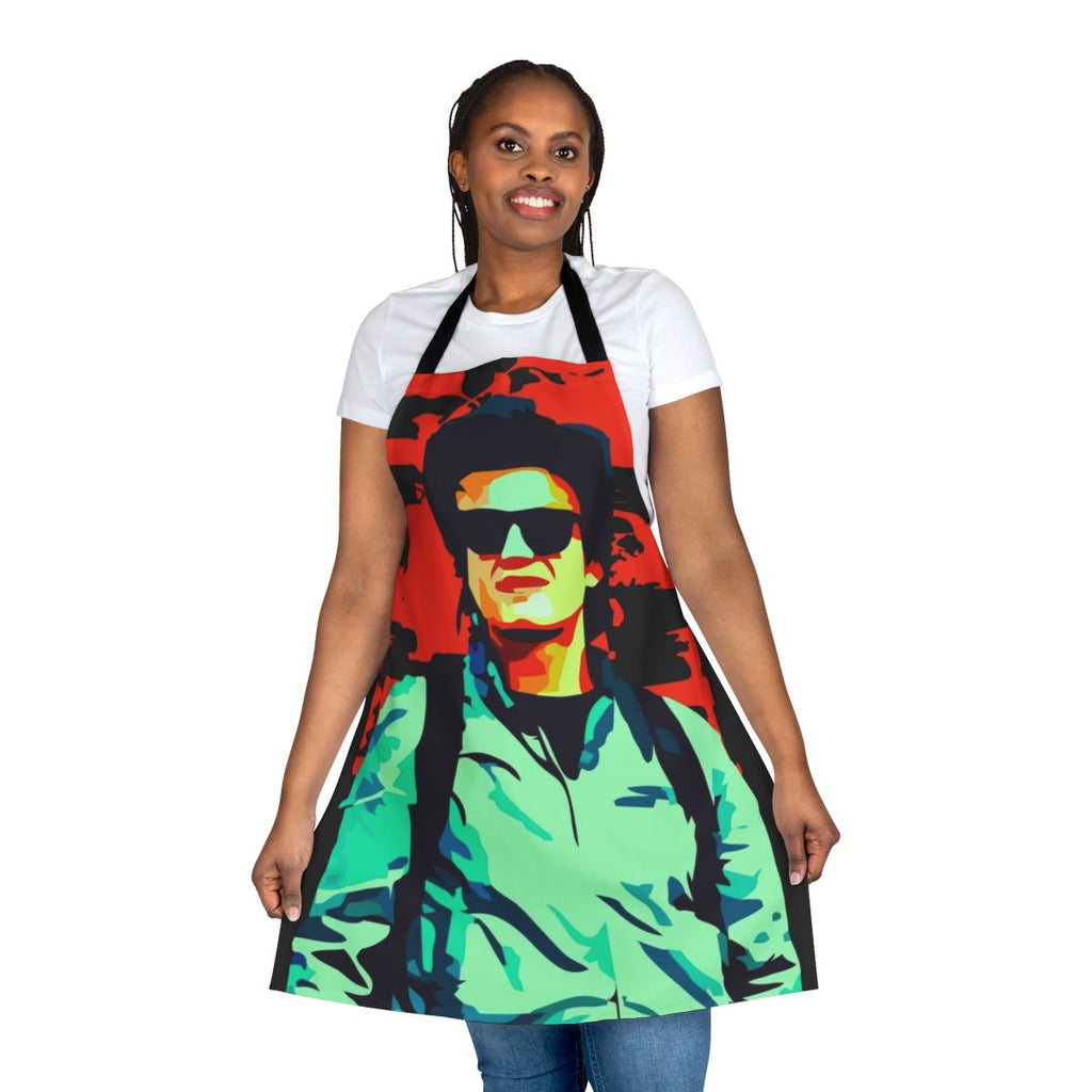 Steve Harrington character from Stranger Things Netflix series wearing an apron with the show's logo and characters.