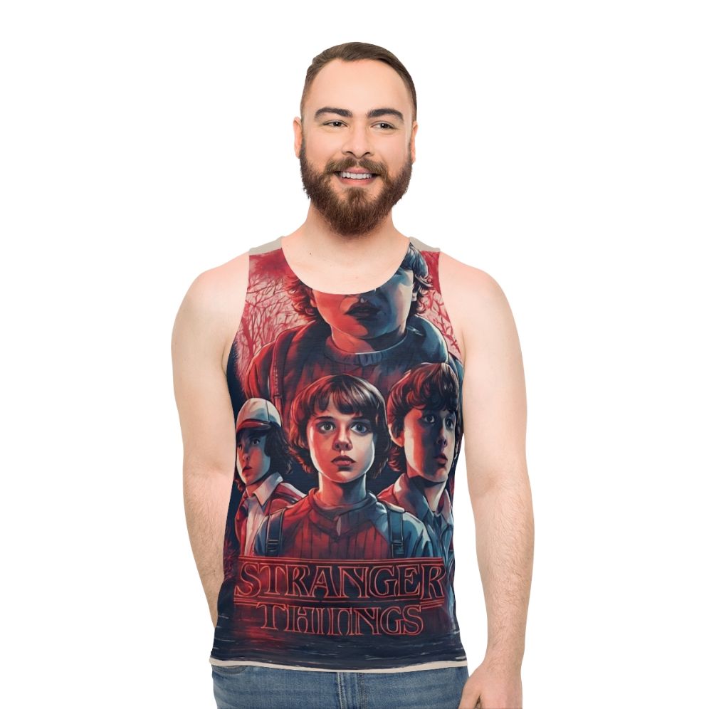 Stranger Things inspired unisex tank top featuring characters and elements from the show
