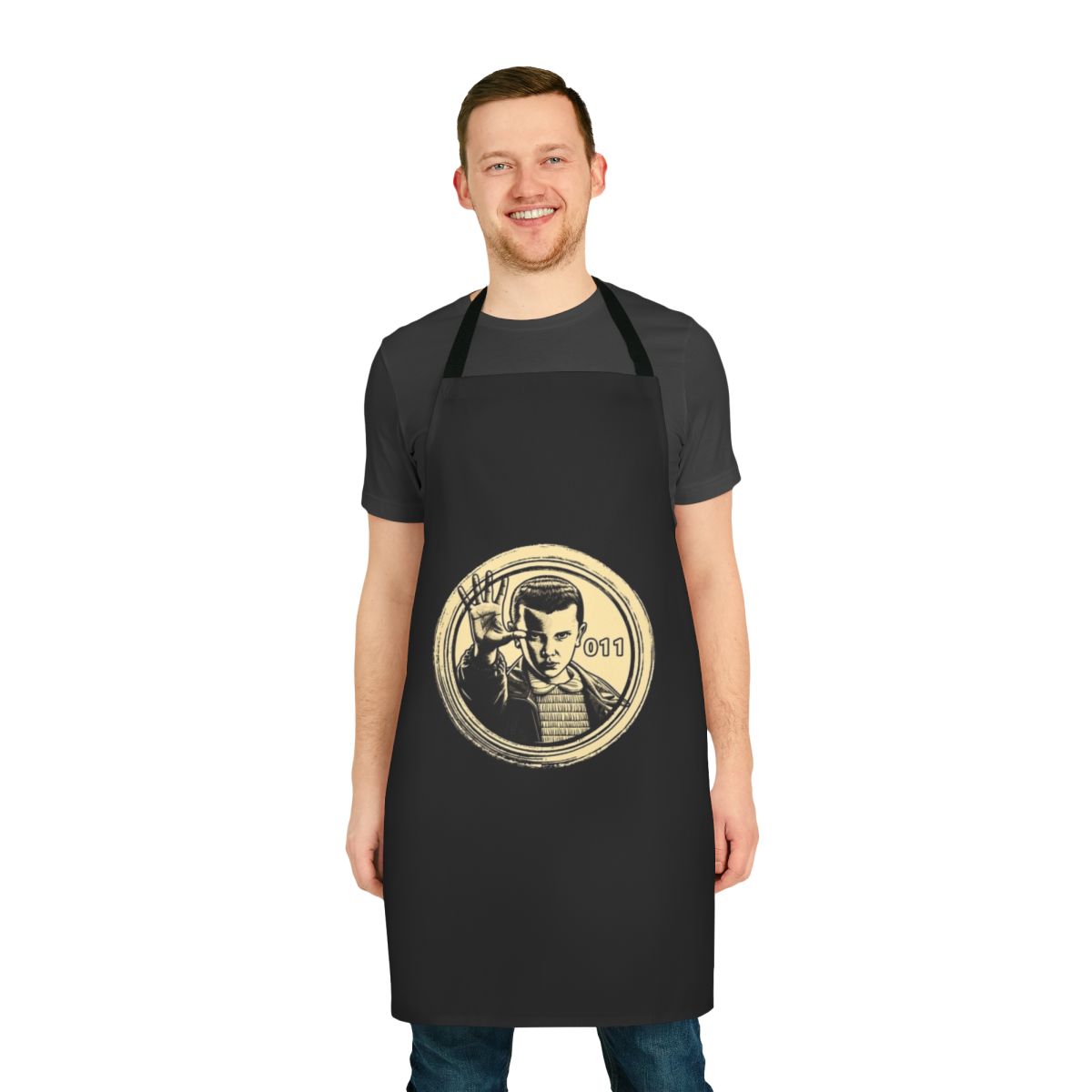 Stranger Things themed apron with iconic characters and imagery