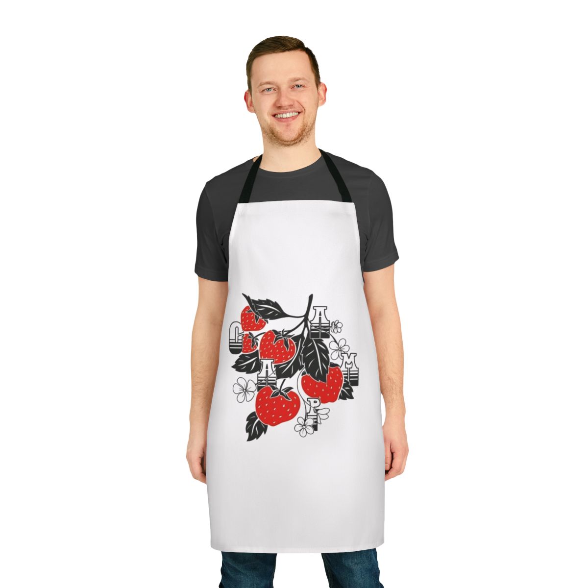 Strawberry apron featuring Caamp's iconic album artwork