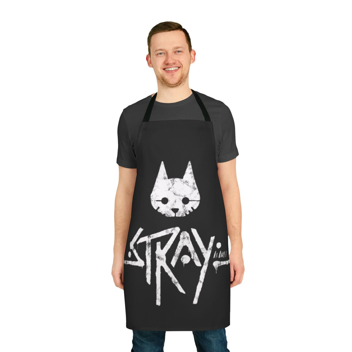 Stylized cat logo design apron inspired by the Stray video game