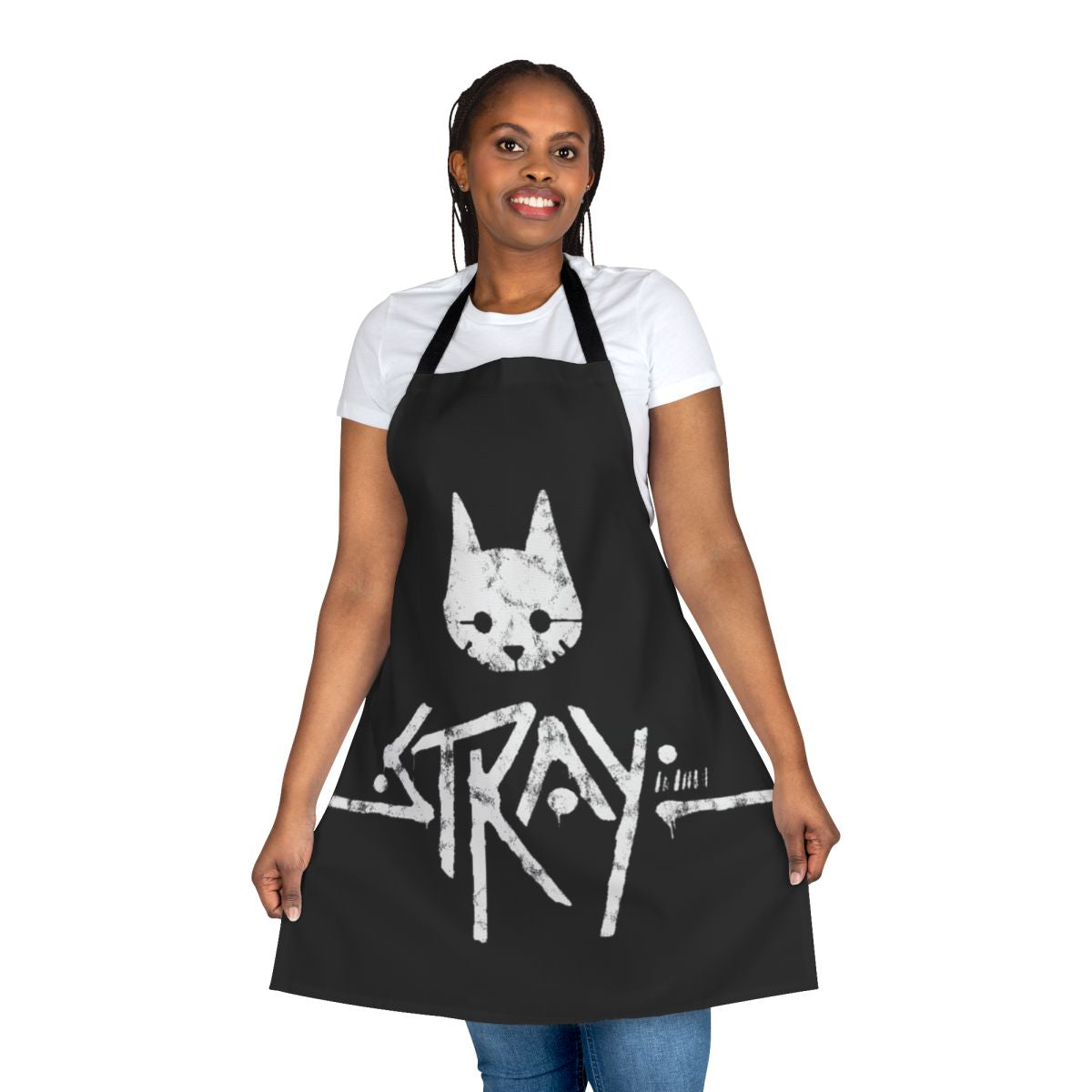 Stylized cat logo design apron inspired by the Stray video game