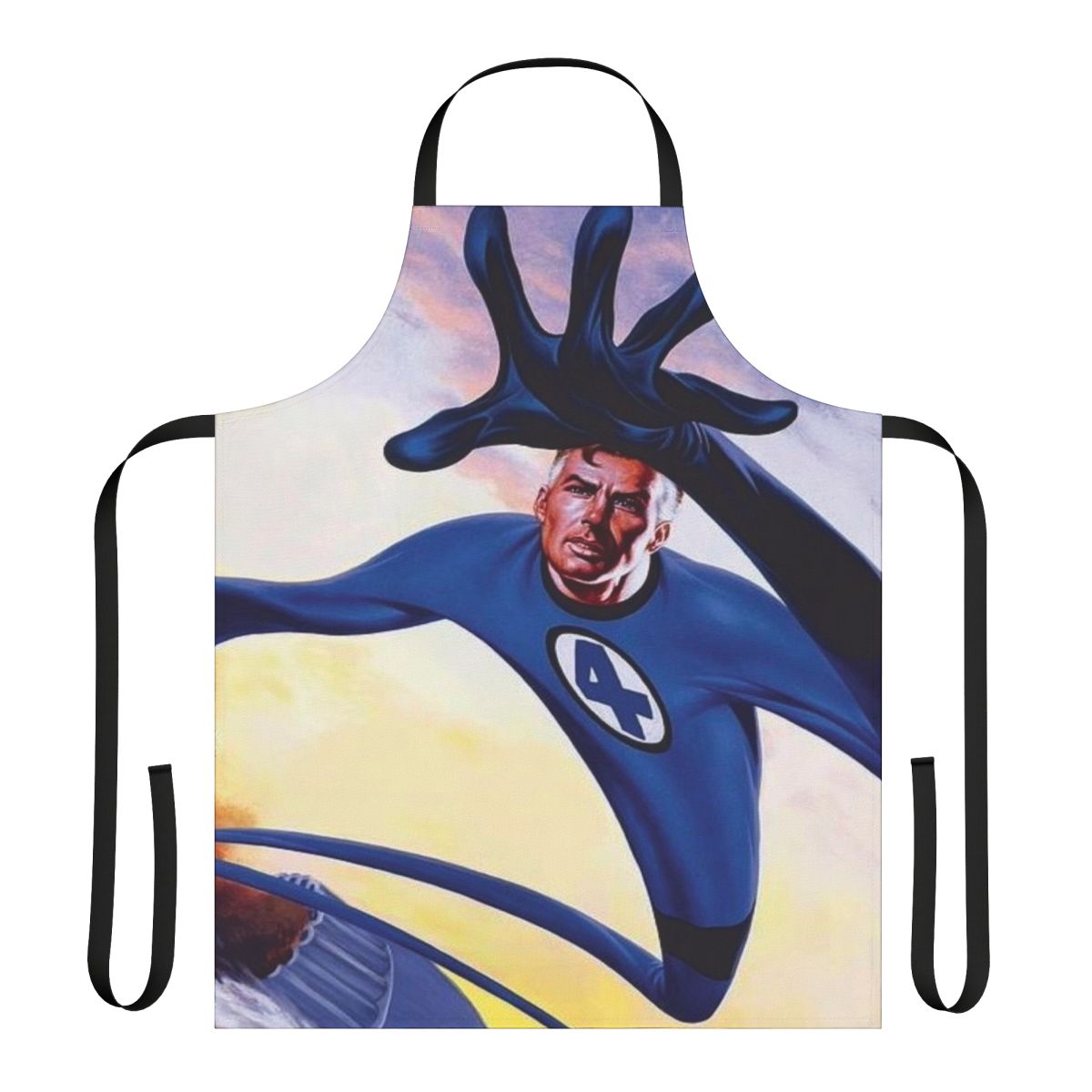 Stretchy superhero apron with comic book-inspired design