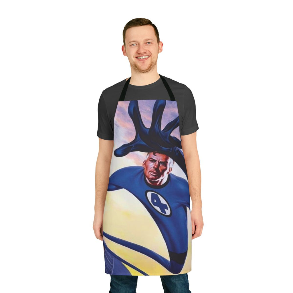 Stretchy superhero apron with comic book-inspired design