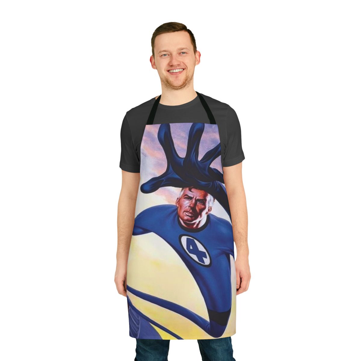 Stretchy superhero apron with comic book-inspired design