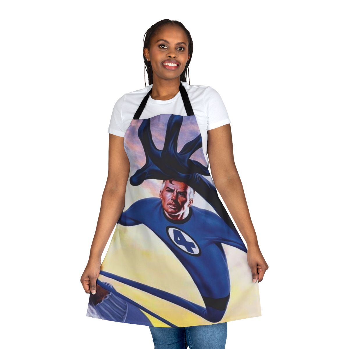 Stretchy superhero apron with comic book-inspired design