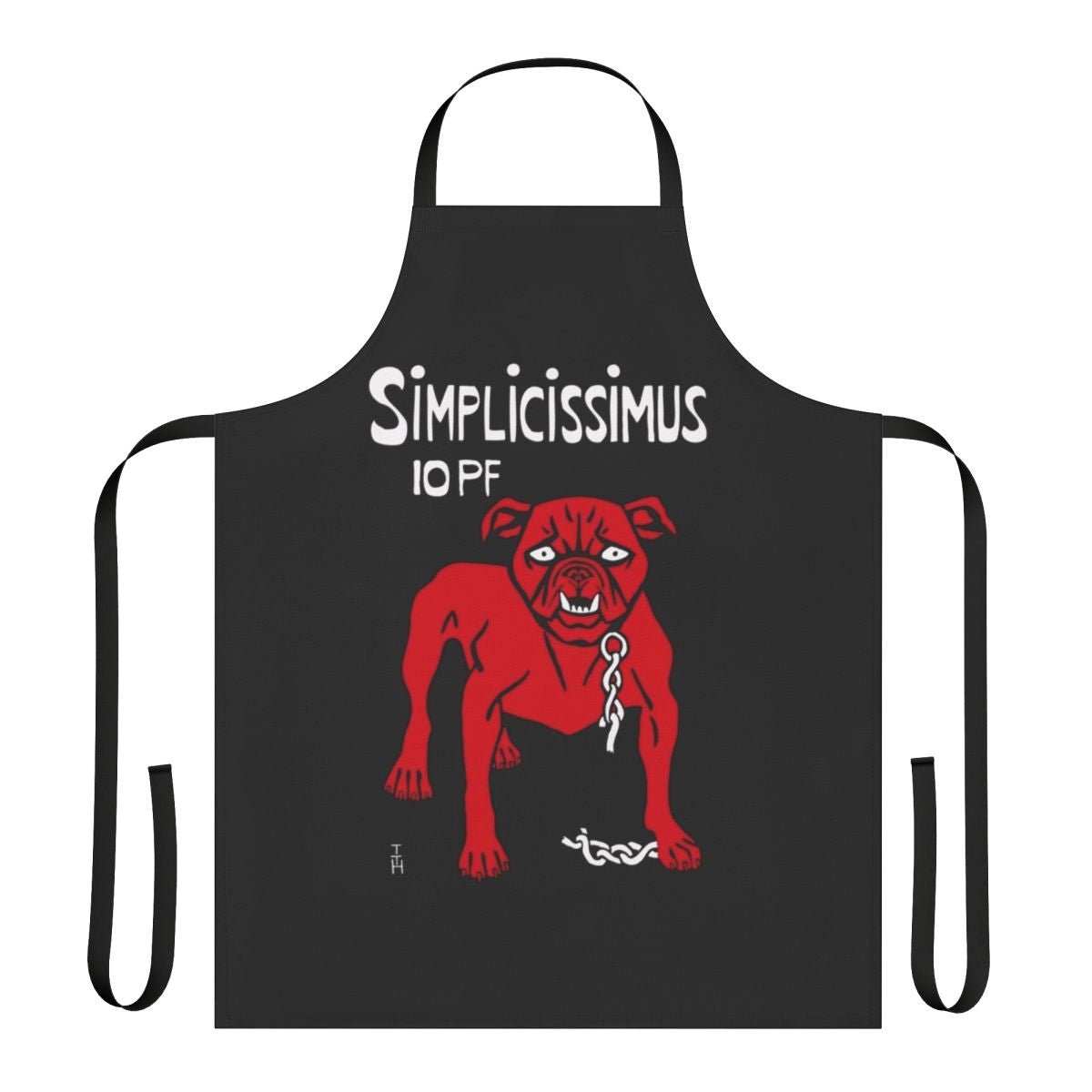 A red and black graphic design dog apron featuring Theodor Heine's Simplicissimus satire art.
