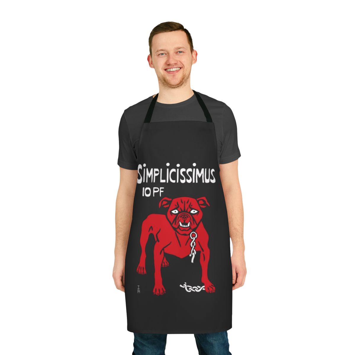 A red and black graphic design dog apron featuring Theodor Heine's Simplicissimus satire art.