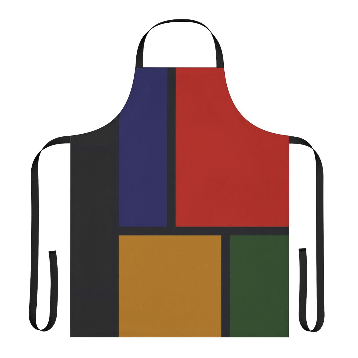A vibrant color block apron in a modern, geometric design inspired by the iconic art of Piet Mondrian.