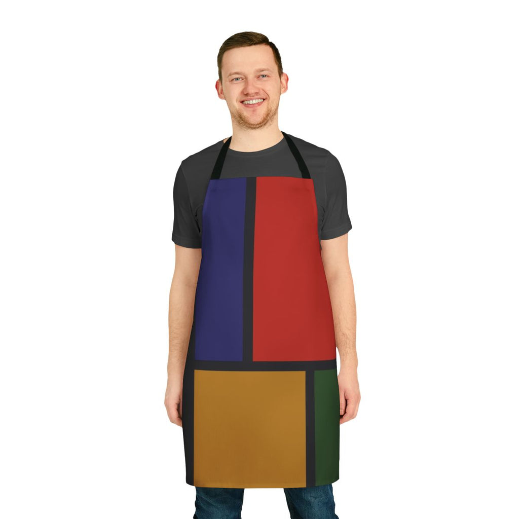 A vibrant color block apron in a modern, geometric design inspired by the iconic art of Piet Mondrian.