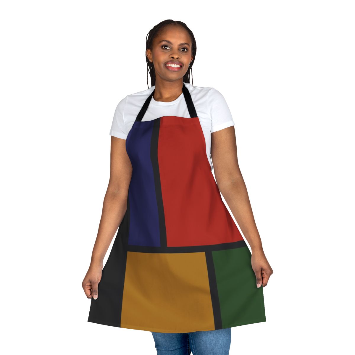 A vibrant color block apron in a modern, geometric design inspired by the iconic art of Piet Mondrian.