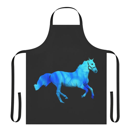 Vibrant blue and orange flaming horse design on a high-quality apron