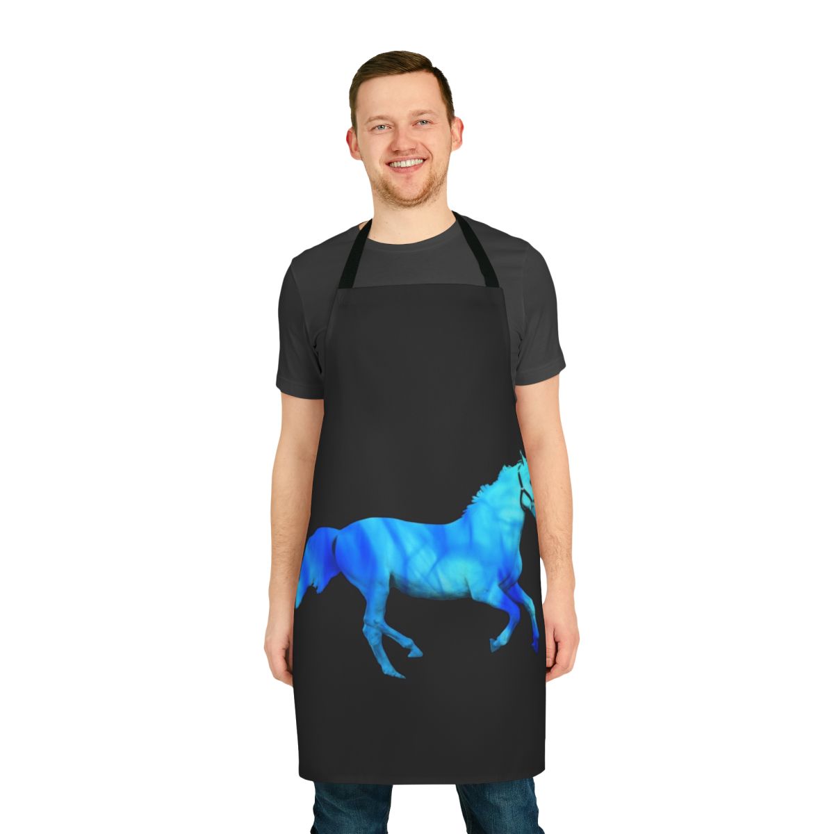 Vibrant blue and orange flaming horse design on a high-quality apron