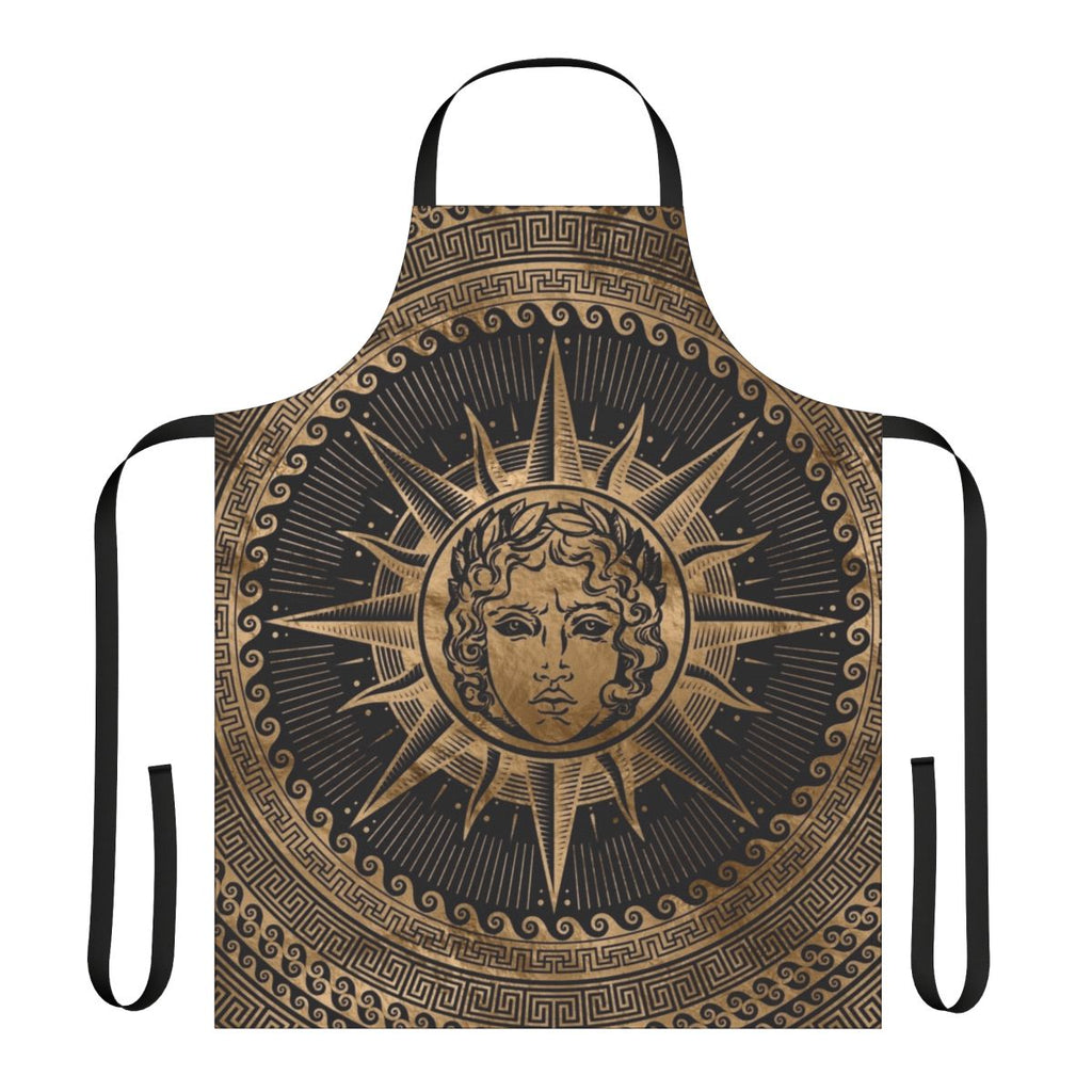 Apron featuring a golden Apollo sun god motif on a Greek key or meander pattern background