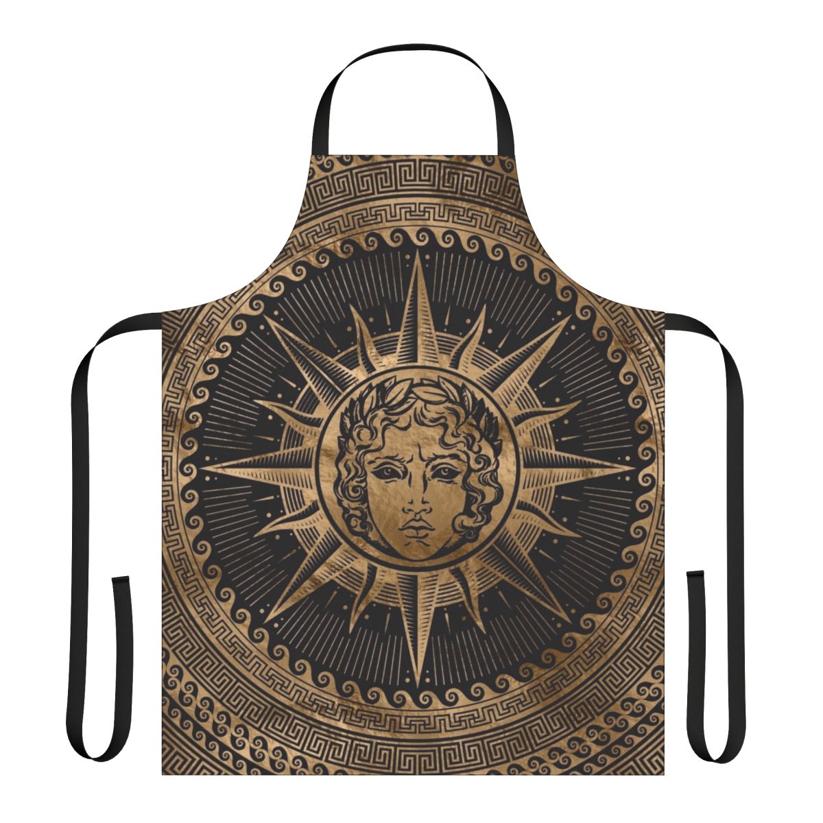 Apron featuring a golden Apollo sun god motif on a Greek key or meander pattern background