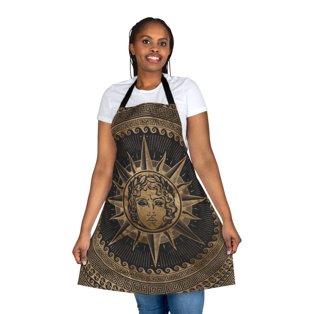 Apron featuring a golden Apollo sun god motif on a Greek key or meander pattern background