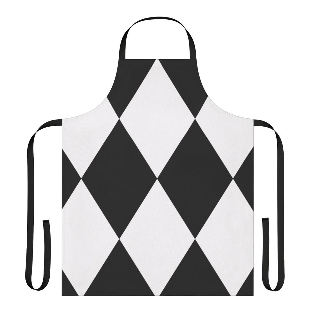 Black and white harlequin-style apron with a bold, geometric pattern