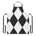 Black and white harlequin-style apron with a bold, geometric pattern