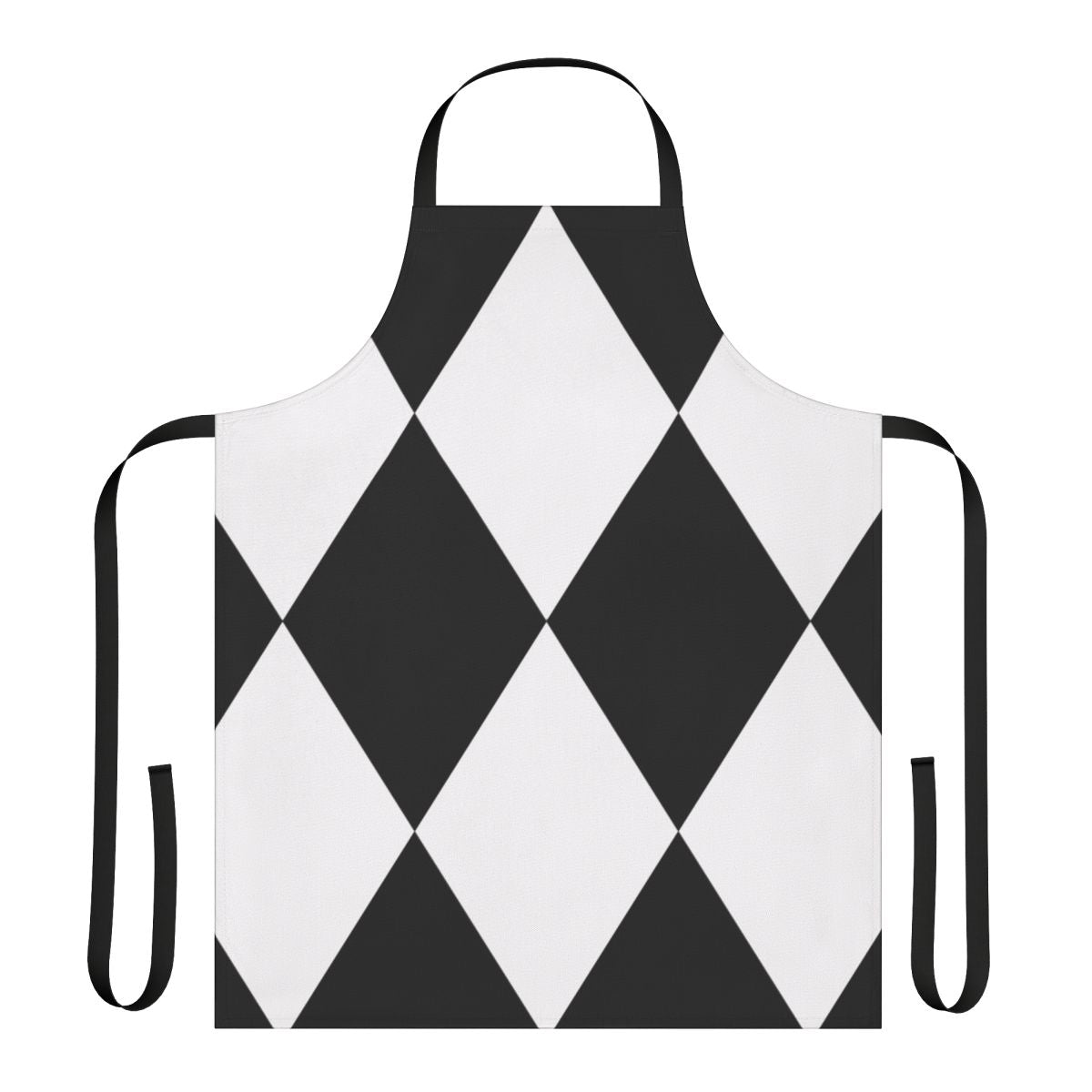 Black and white harlequin-style apron with a bold, geometric pattern