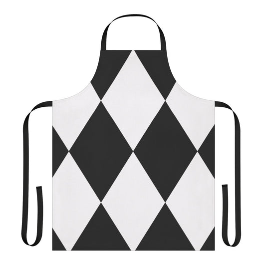 Black and white harlequin-style apron with a bold, geometric pattern