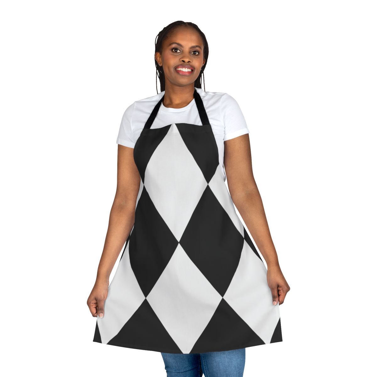 Black and white harlequin-style apron with a bold, geometric pattern