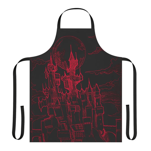A striking red apron with a dark, menacing castle design, perfect for cooking or Halloween.