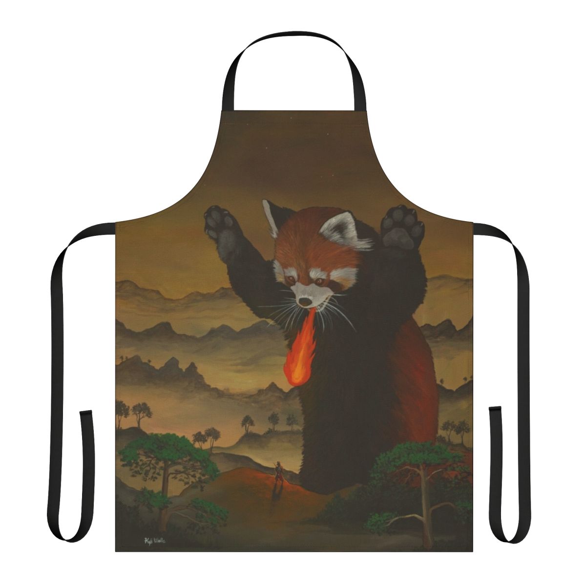 Giant fire-breathing red panda illustration on an apron