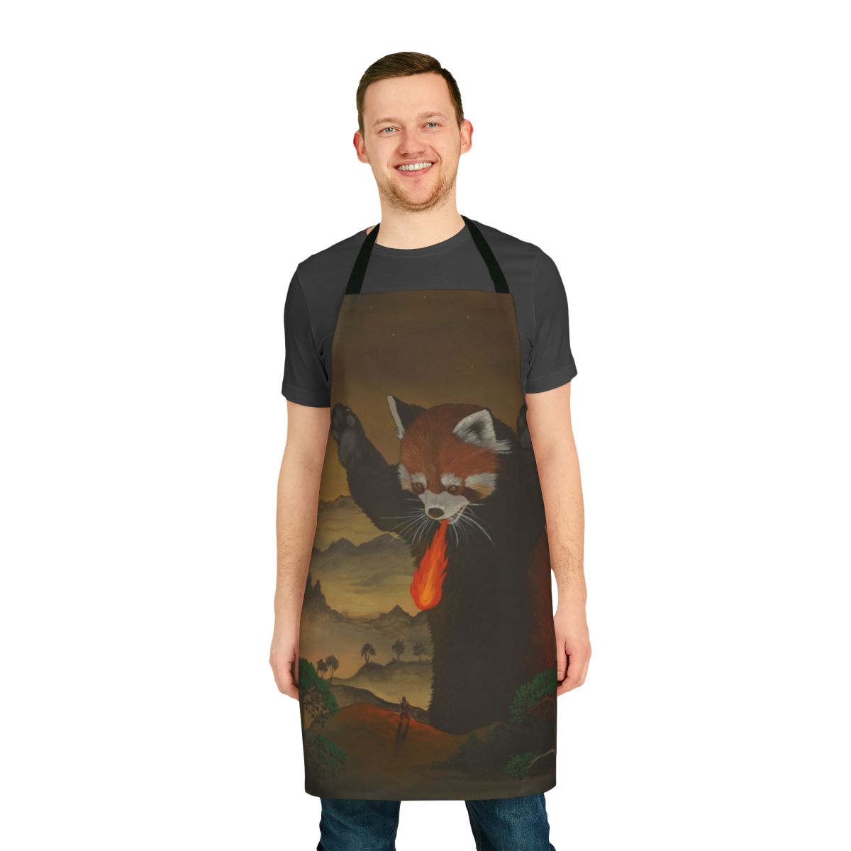 Giant fire-breathing red panda illustration on an apron