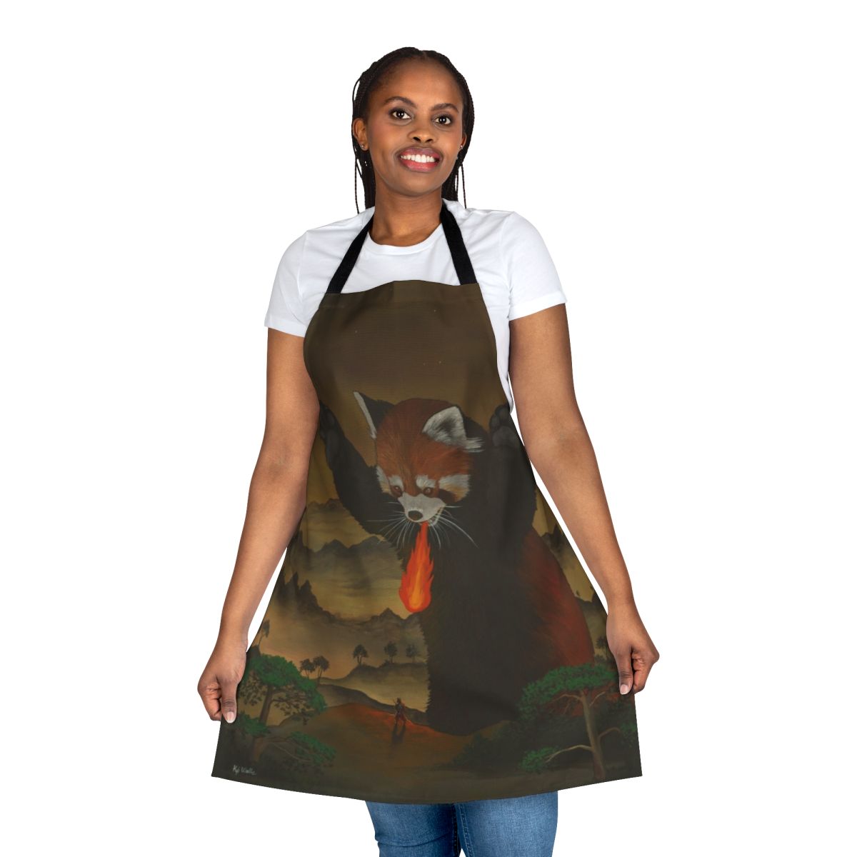 Giant fire-breathing red panda illustration on an apron