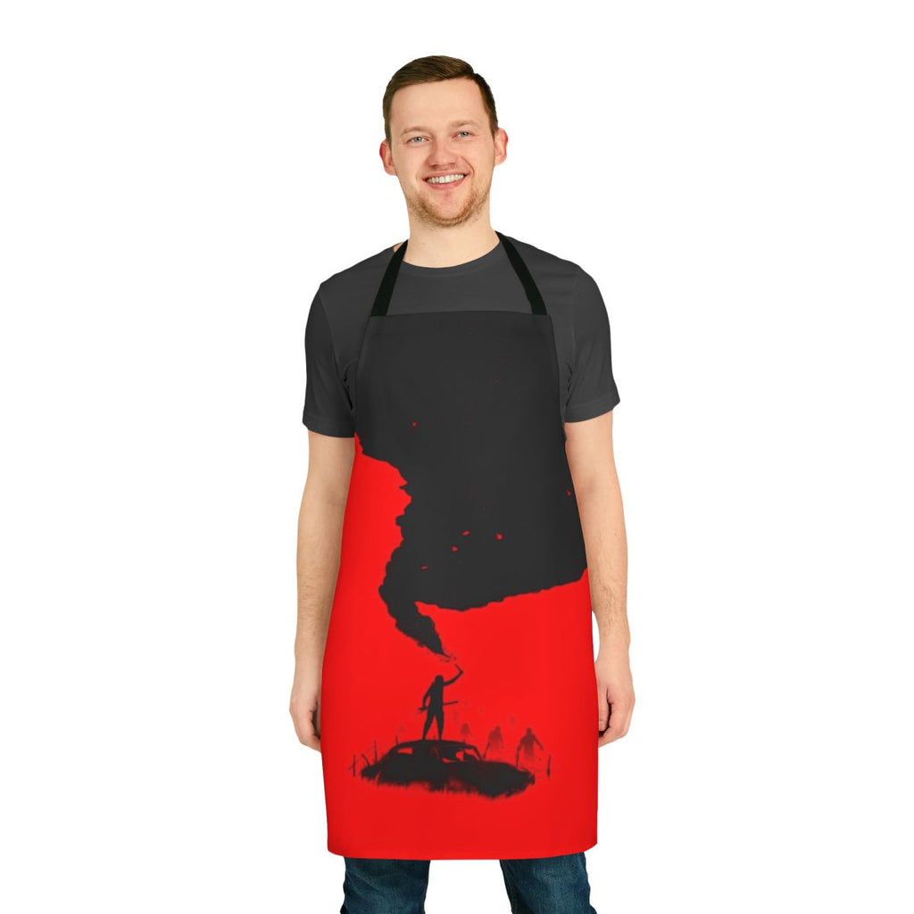 A stylish black and red apron featuring a silhouetted design with a sword, smoke, and the letters "SOS" - a bold, horror-inspired look perfect for the apocalypse.