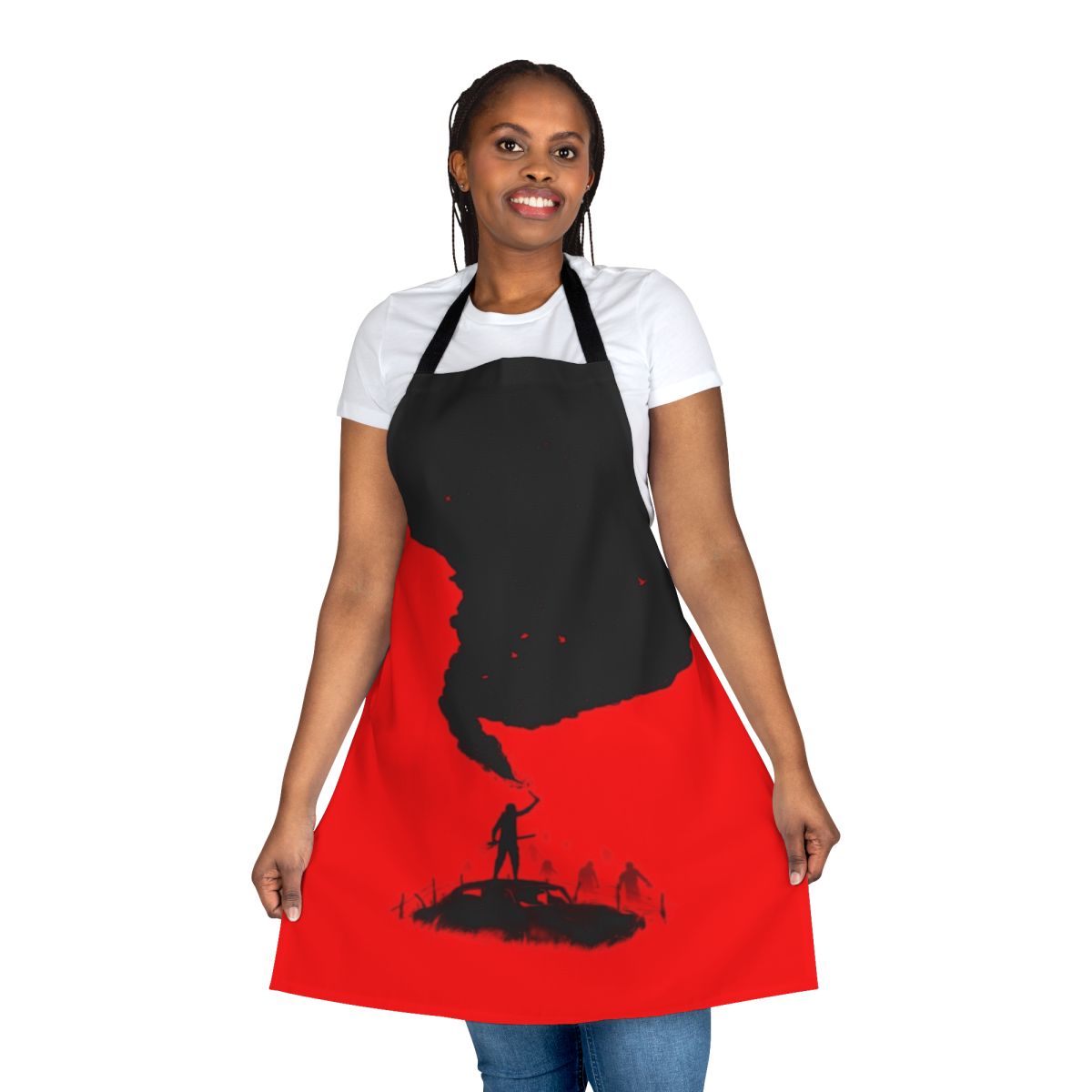 A stylish black and red apron featuring a silhouetted design with a sword, smoke, and the letters "SOS" - a bold, horror-inspired look perfect for the apocalypse.