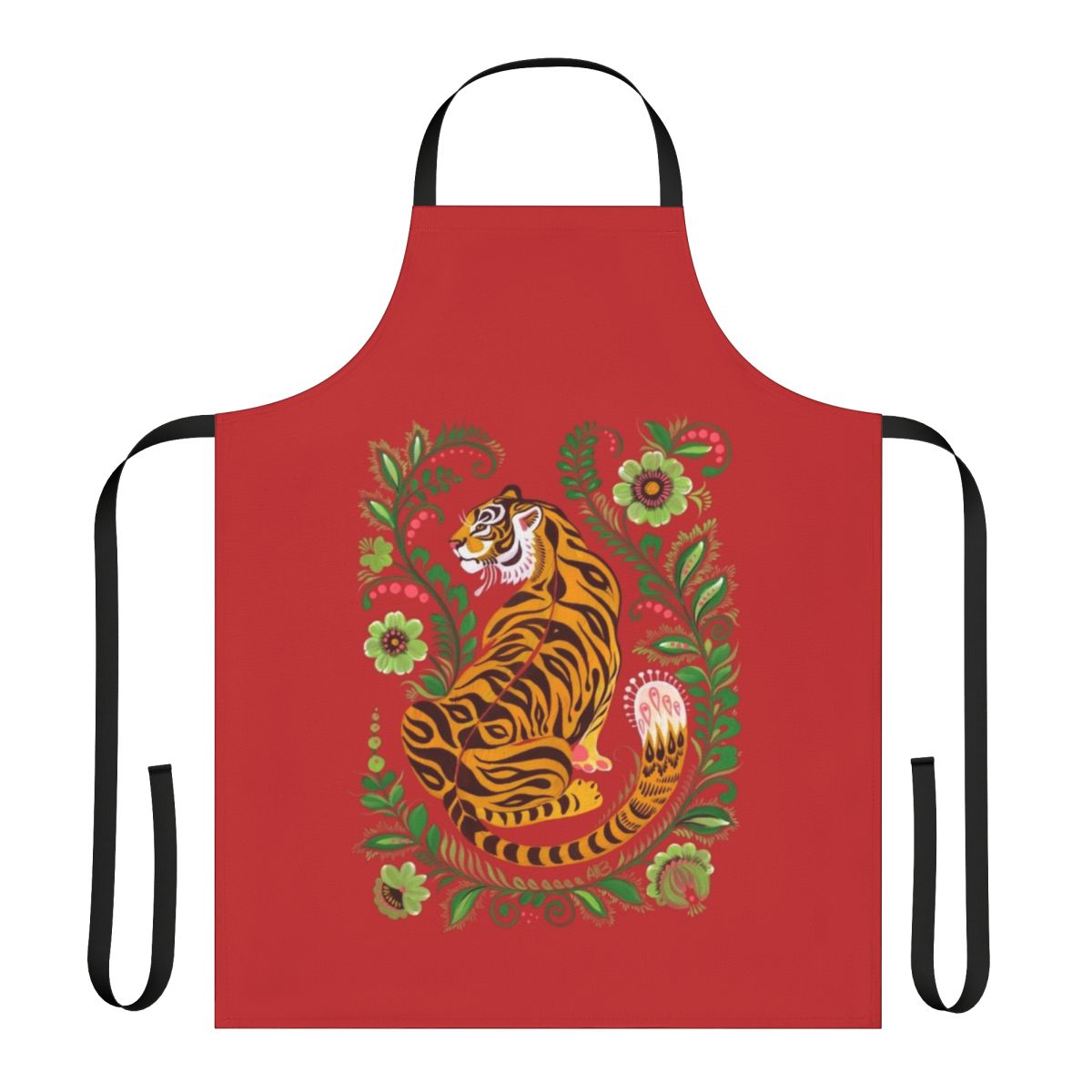 Colorful tiger-themed folk art apron for the kitchen