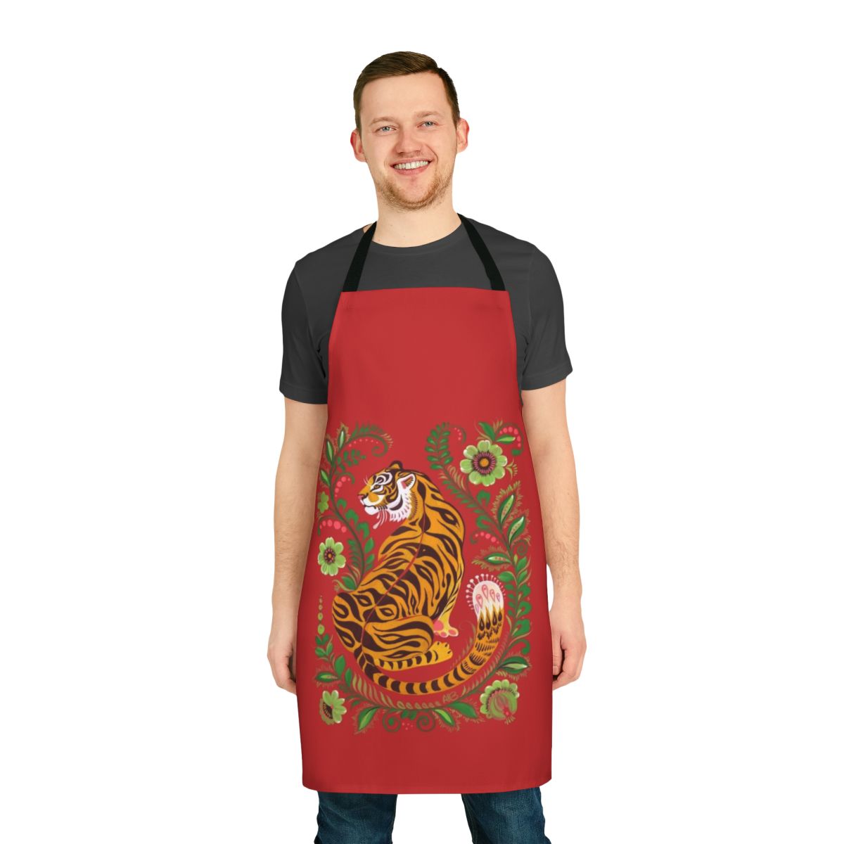 Colorful tiger-themed folk art apron for the kitchen