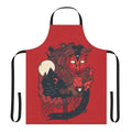 A stylized image of a wolf surrounded by moon, mountains, and other nature-themed elements on a high-quality apron.