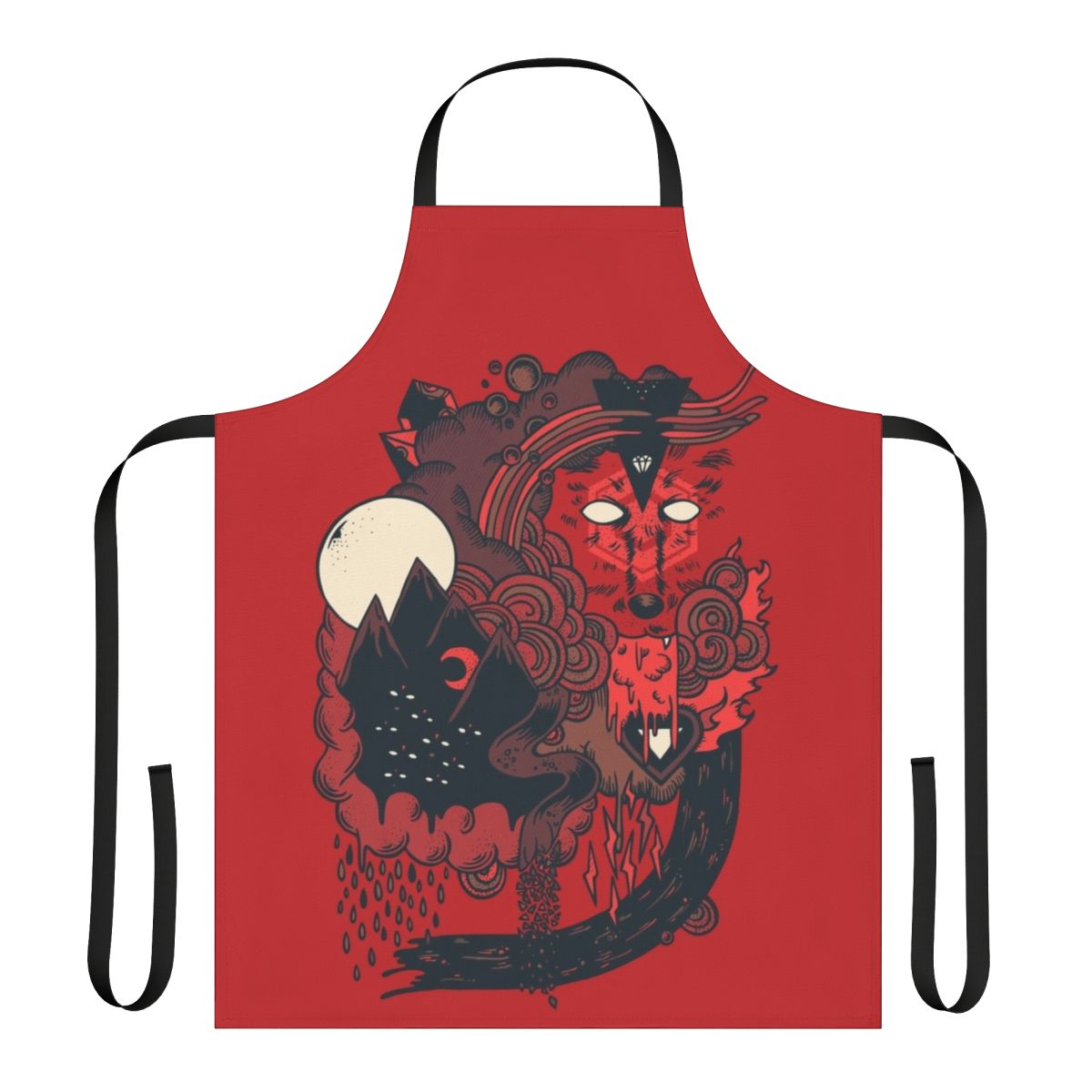 A stylized image of a wolf surrounded by moon, mountains, and other nature-themed elements on a high-quality apron.