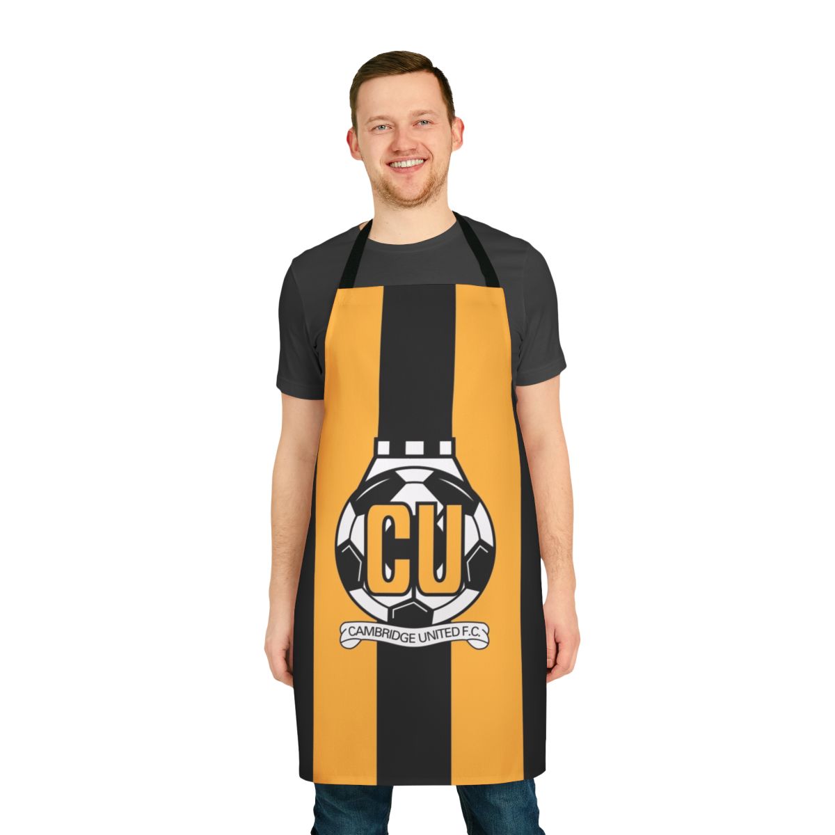 Striped apron with Cambridge United FC inspired logo design
