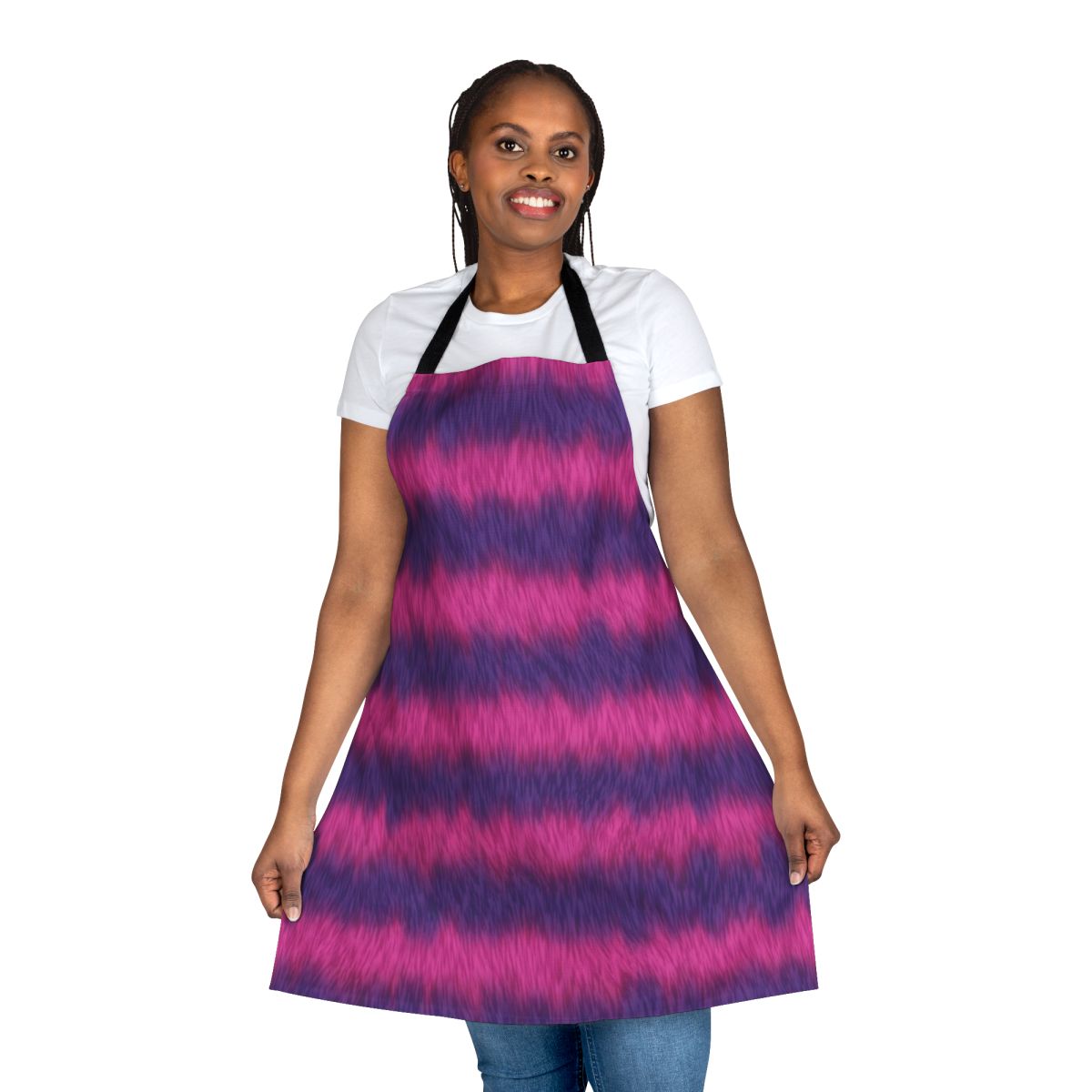 Striped apron featuring the Cheshire Cat from Alice in Wonderland