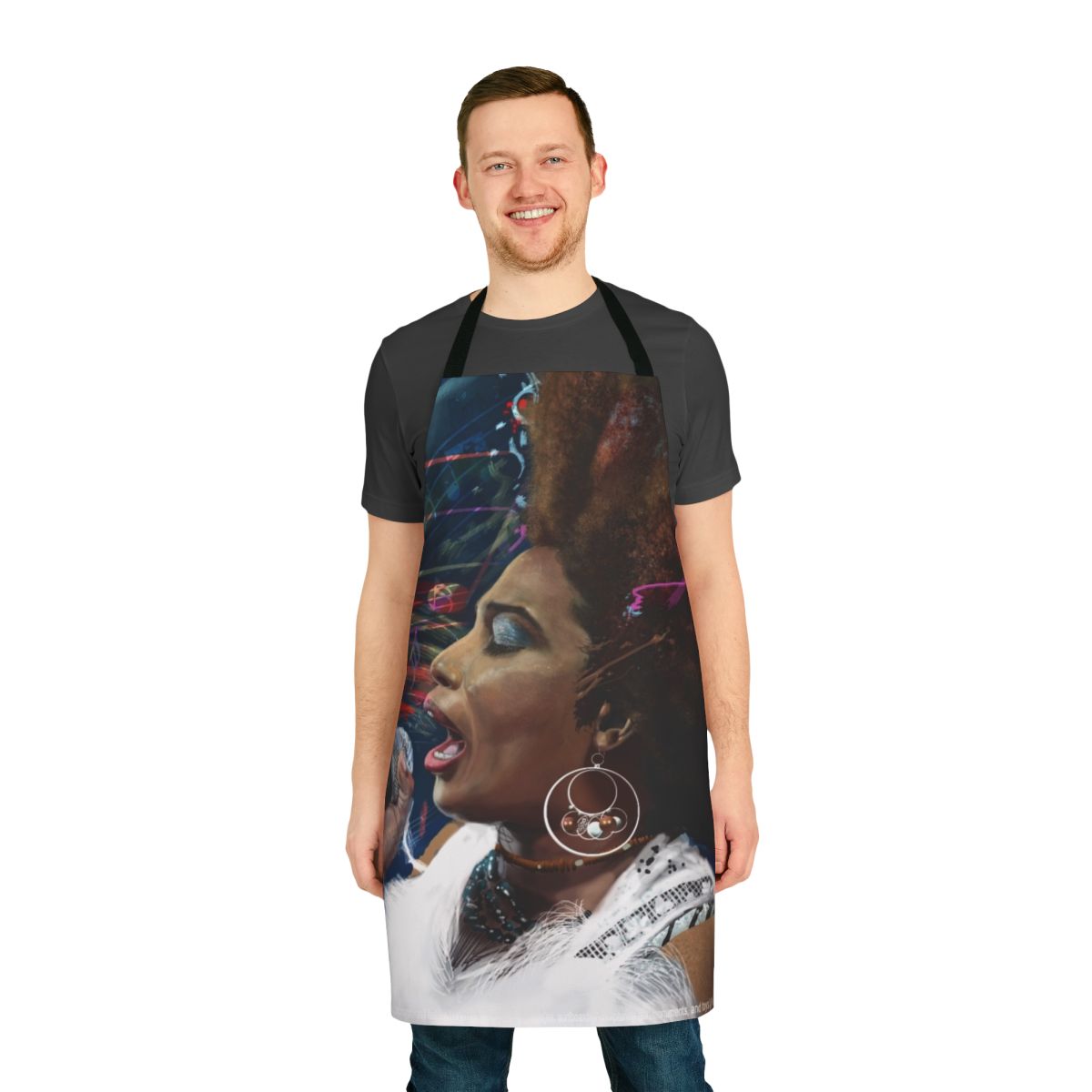 Striped cotton apron with a music-inspired design