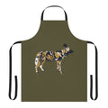 Closeup portrait of an African painted dog on a black and gold kitchen apron