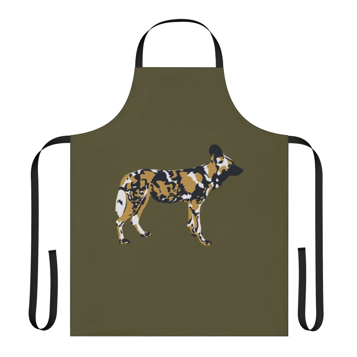Closeup portrait of an African painted dog on a black and gold kitchen apron
