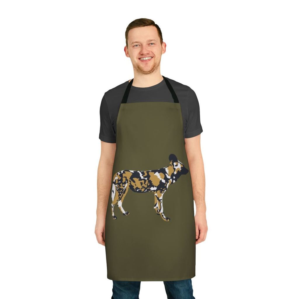 Closeup portrait of an African painted dog on a black and gold kitchen apron