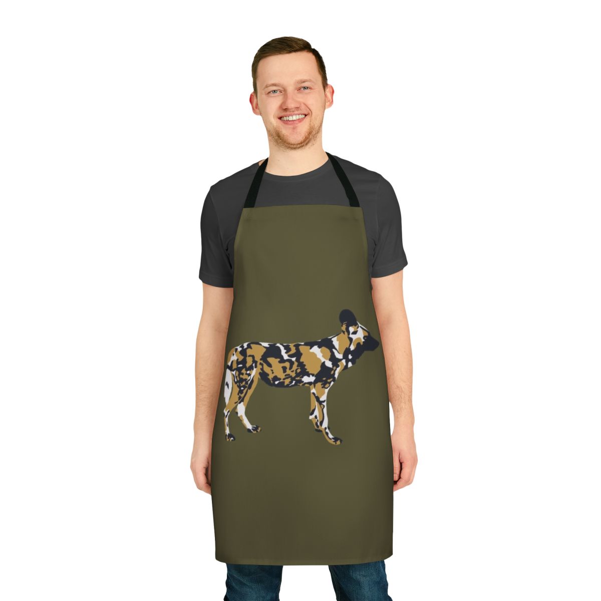 Closeup portrait of an African painted dog on a black and gold kitchen apron