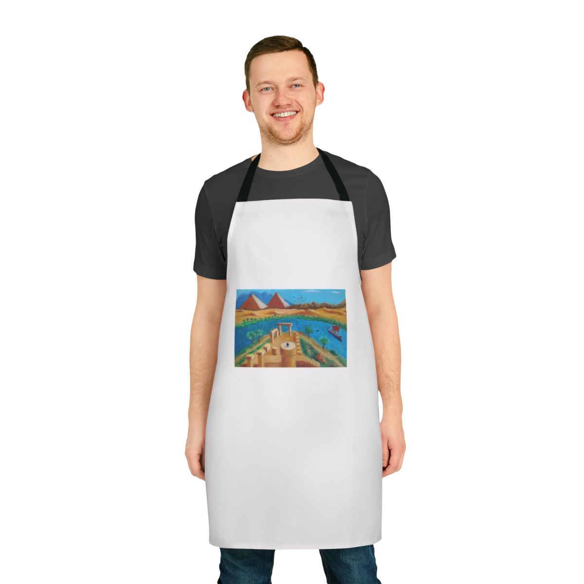 Assassin's Creed inspired apron featuring a beautiful ancient Egyptian landscape with pyramids and ruins.
