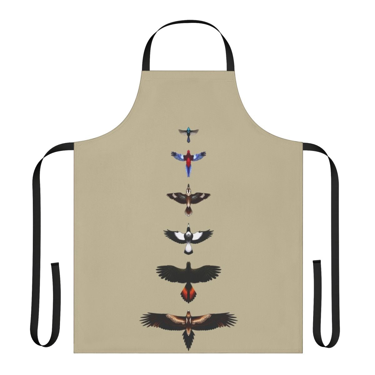 Colorful illustrated apron featuring various Australian bird species like the wedge-tailed eagle, rosella, fairy-wren, and more.