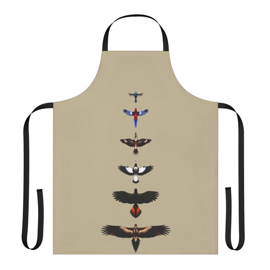 Colorful illustrated apron featuring various Australian bird species like the wedge-tailed eagle, rosella, fairy-wren, and more.