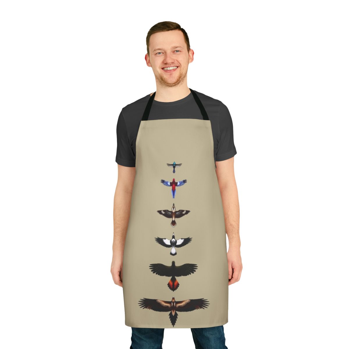 Colorful illustrated apron featuring various Australian bird species like the wedge-tailed eagle, rosella, fairy-wren, and more.